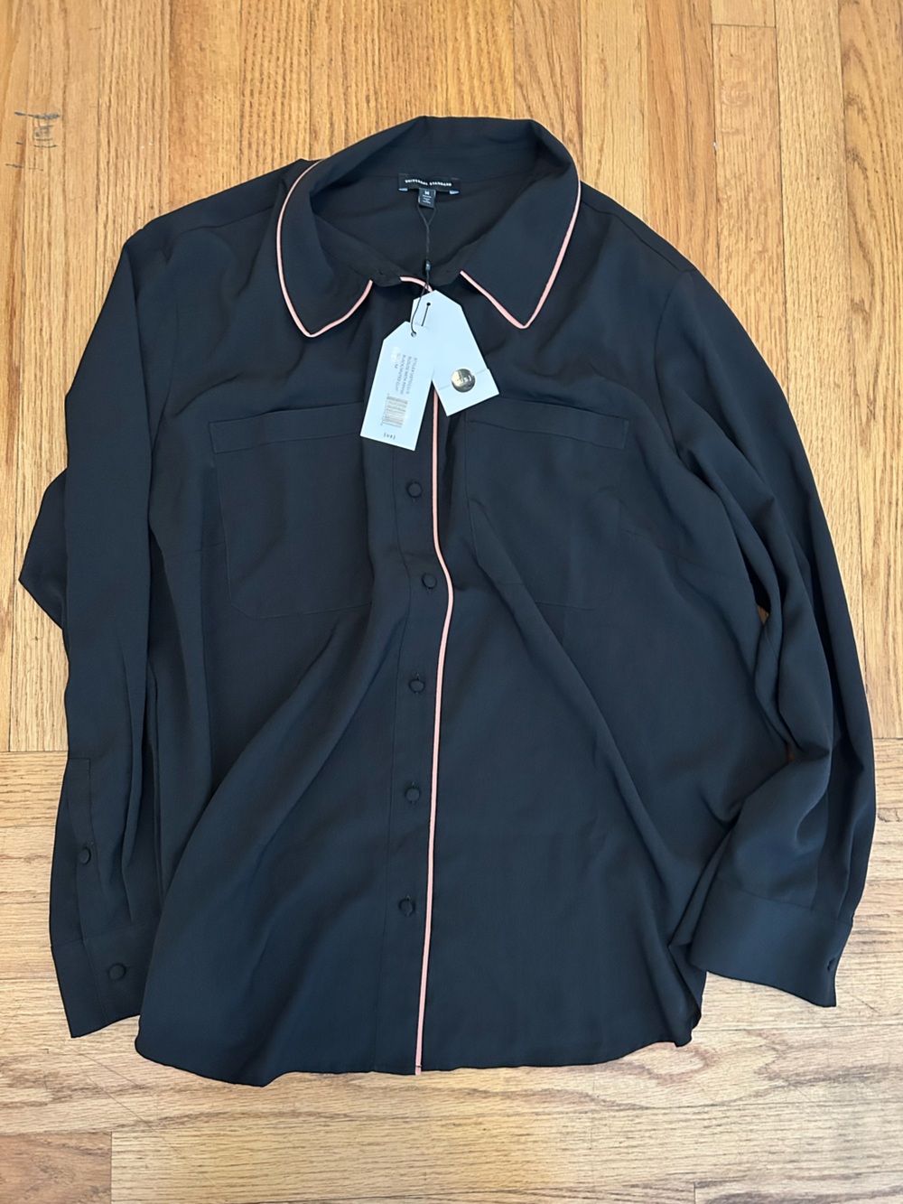 NWT Universal Standard Black Button-Down Shirt with Pink Piping